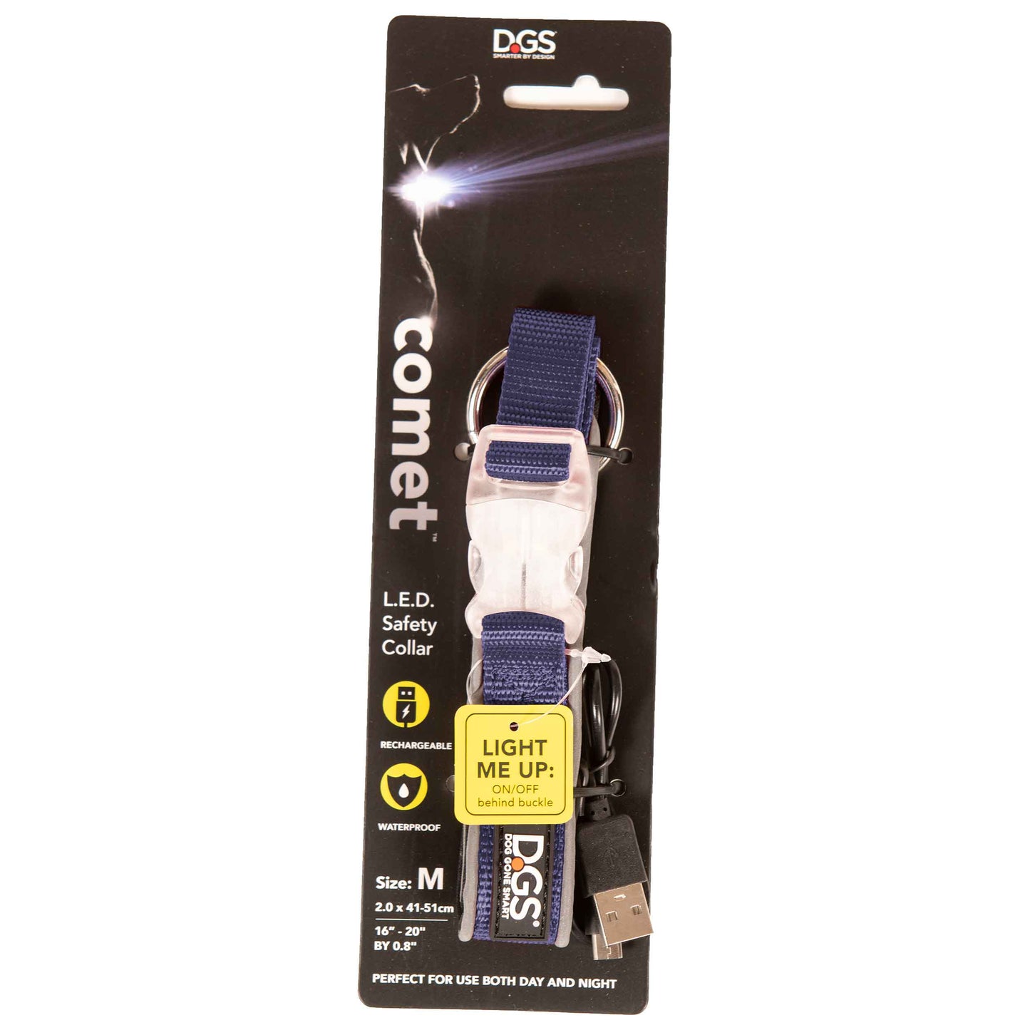DGS Pet Products Comet Rechargeable Light Up Dog Collar Medium Navy 16 - 20 x 0.75 For Pet With Love
