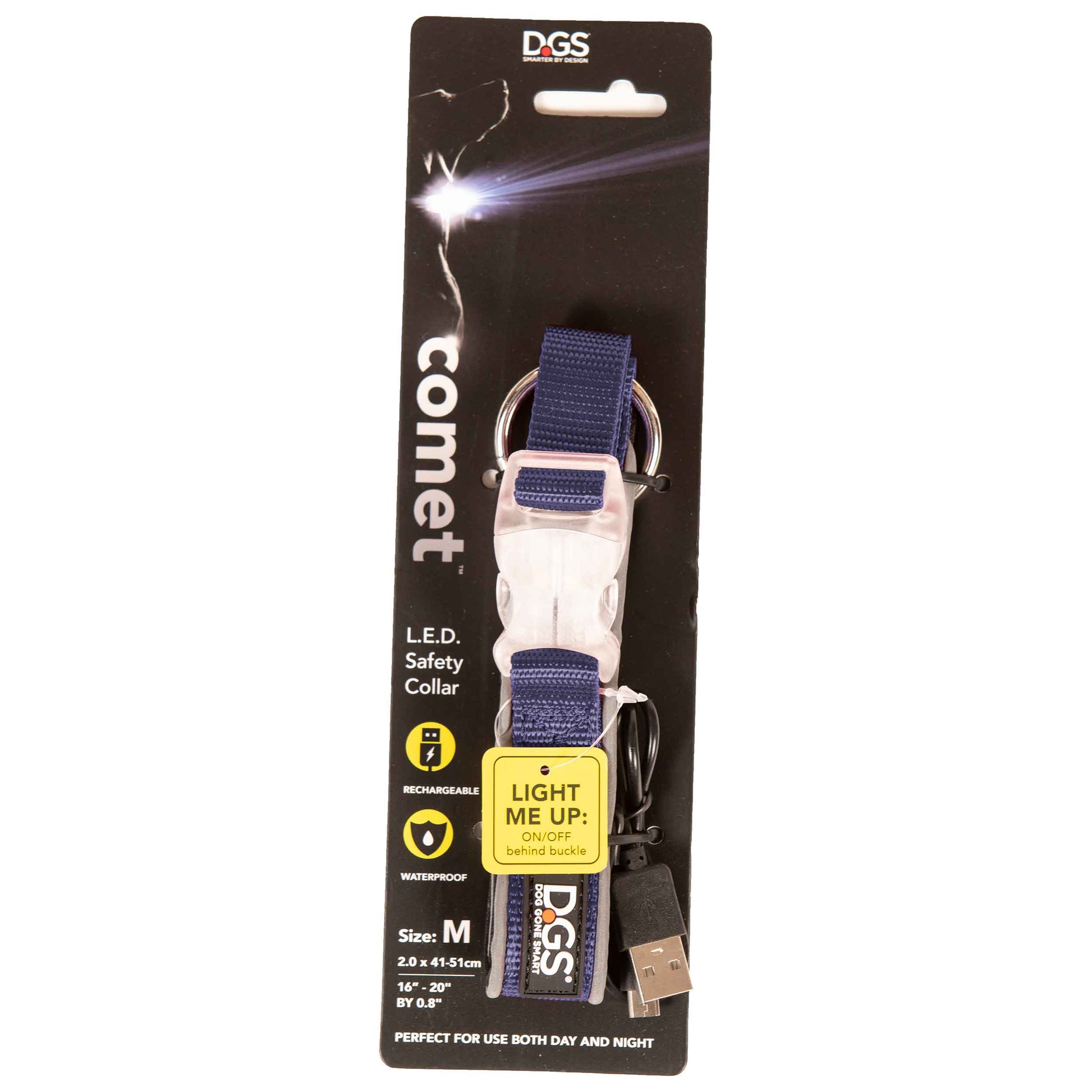 DGS Pet Products Comet Rechargeable Light Up Dog Collar Medium Navy 16 - 20 x 0.75 For Pet With Love