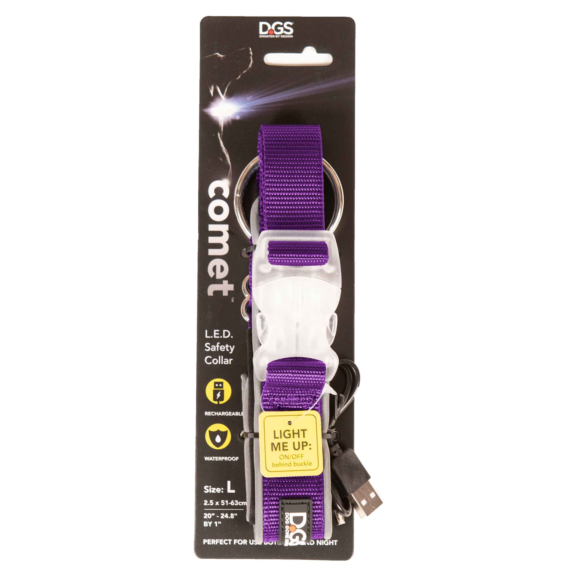 DGS Pet Products Comet Rechargeable Light Up Dog Collar Large Purple 20 - 25 x 1 For Pet With Love