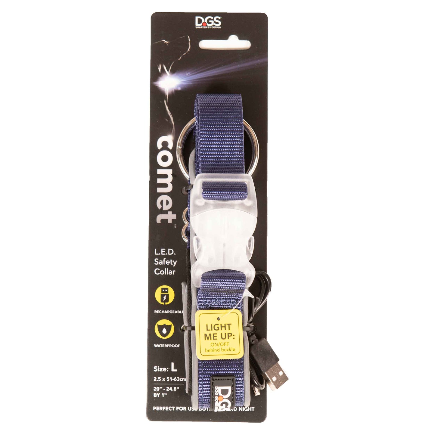 DGS Pet Products Comet Rechargeable Light Up Dog Collar Large Navy 20 - 25 x 1 For Pet With Love