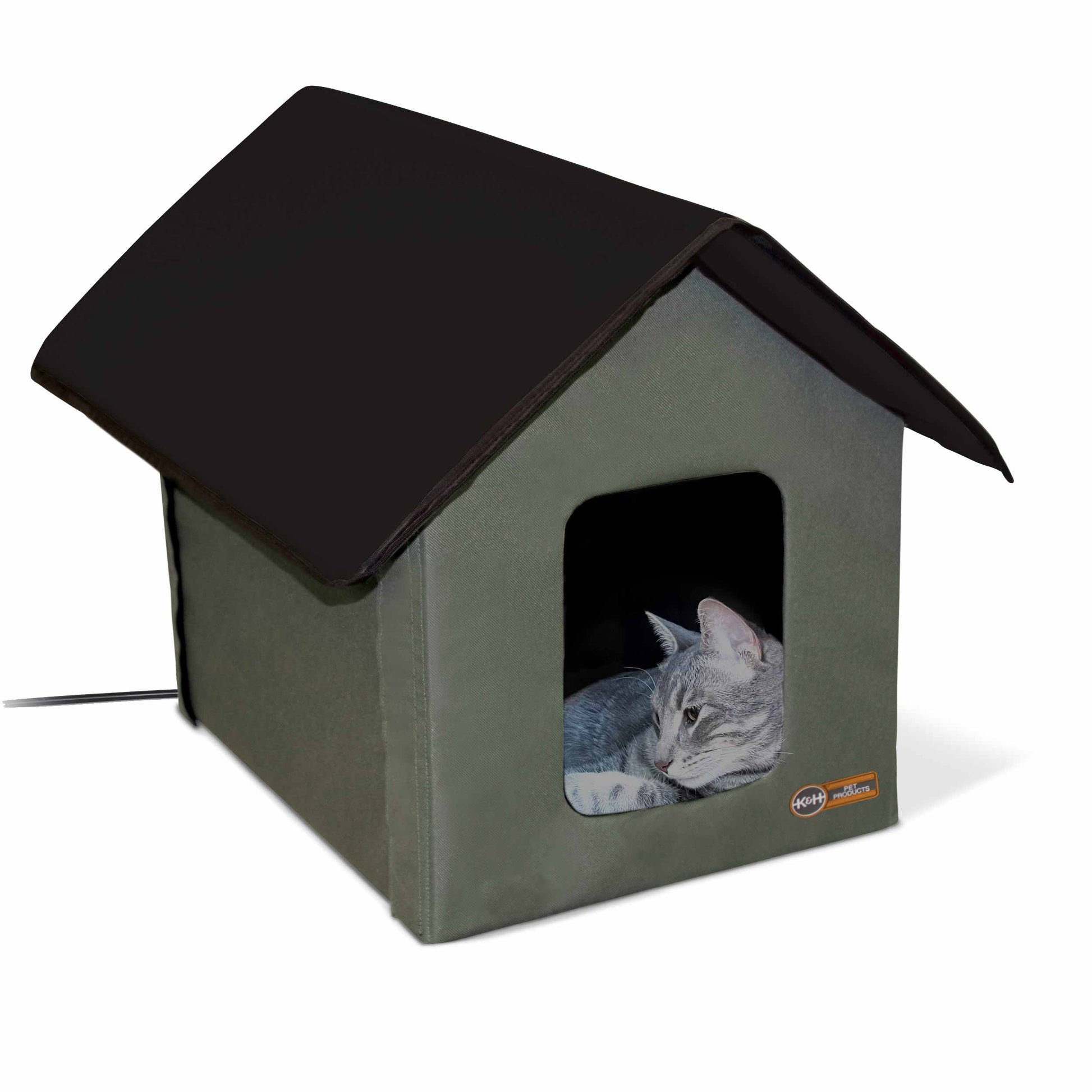 K&H Pet Products Outdoor Heated Kitty House Cat Shelter Olive 19 x 22 x 17 For Pet With Love