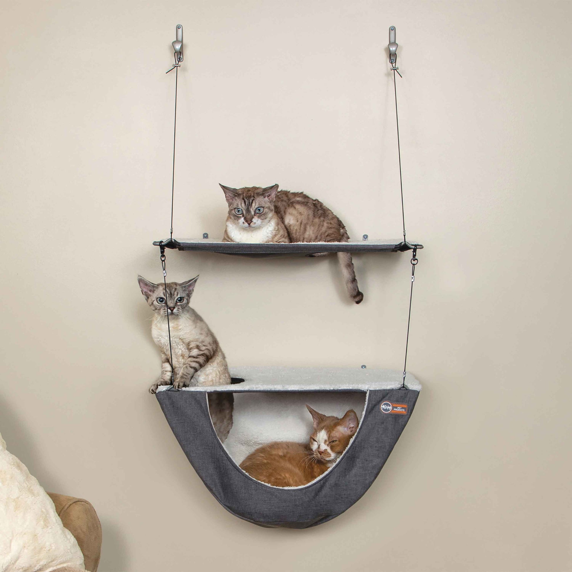 K&H Pet Products Wall Mount Cat Shelf and Cat Hammock Double Shelf Gray 23 x 12 x 44 For Pet With Love