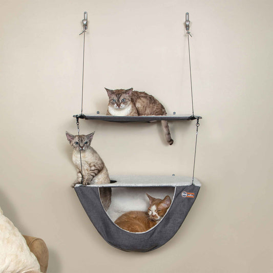 K&H Pet Products Wall Mount Cat Shelf and Cat Hammock Double Shelf Gray 23 x 12 x 44 For Pet With Love