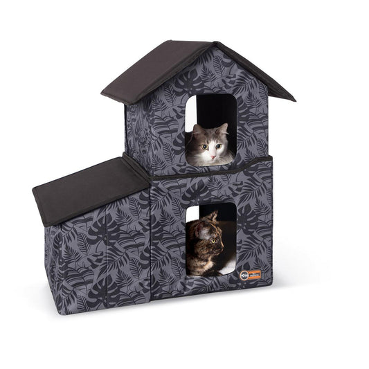 K&H Pet Products Outdoor Two-Story Kitty House with Dining Room Unheated Gray 22 x 27 x 27 For Pet With Love