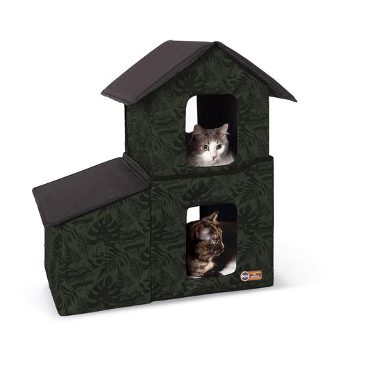 K&H Pet Products Outdoor Two-Story Kitty House with Dining Room Unheated Green 22 x 27 x 27 For Pet With Love