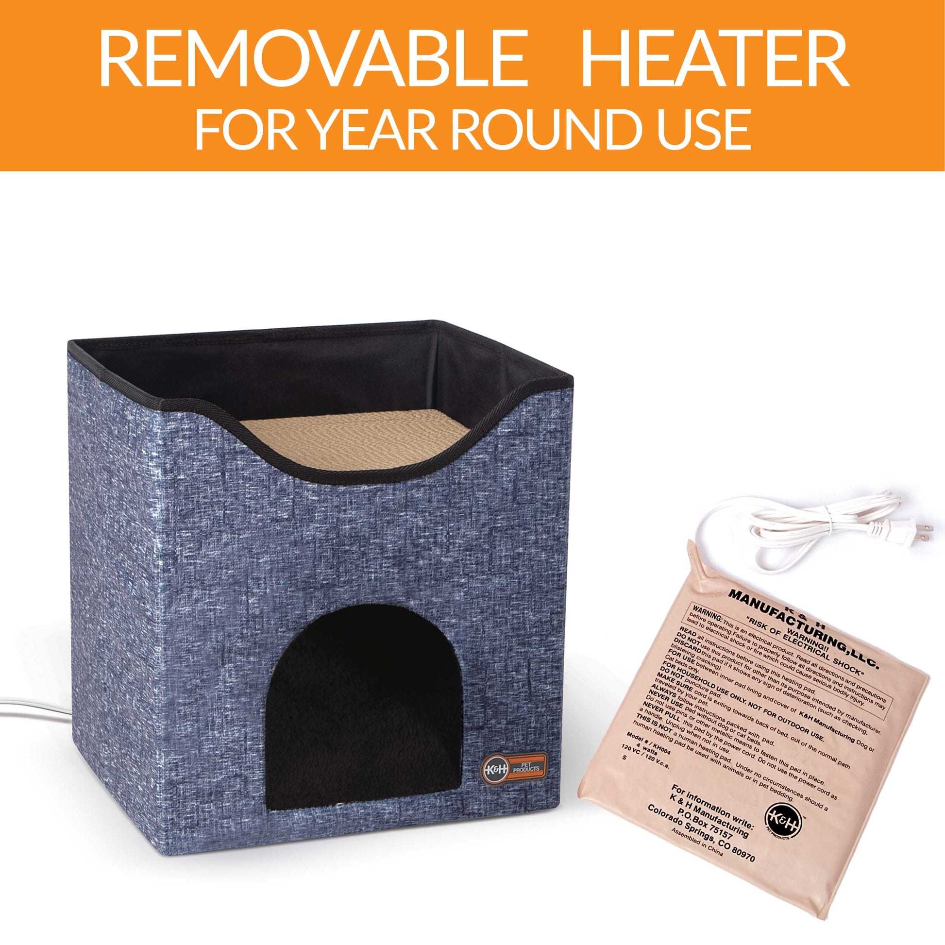 K&H Pet Products Thermo-Kitty Playhouse Navy Blue 14 x 12 x 15 For Pet With Love