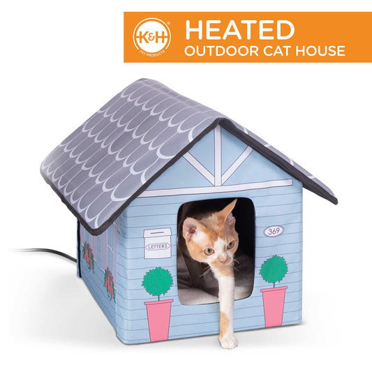 K&H Pet Products Outdoor Heated Kitty House Cat Shelter Cottage Design Blue 18 x 22 x 17 For Pet With Love
