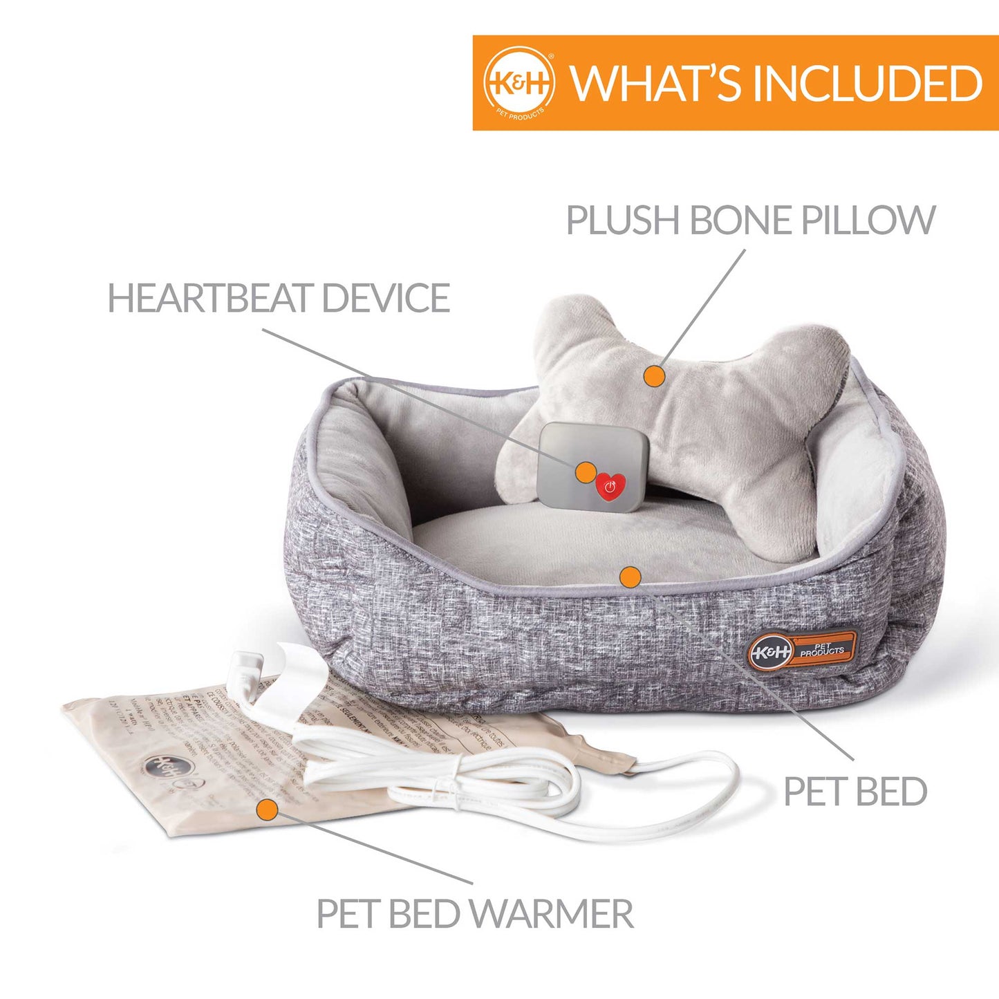 K&H Pet Products Mother's Heartbeat Heated Puppy Pet Bed with Bone Pillow Large Gray 20x 16 x 7 For Pet With Love
