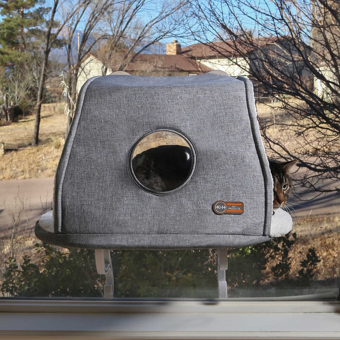 K&H Pet Products Universal Mounted Kitty Sill with Hood Gray 14 x 24 x 7 For Pet With Love