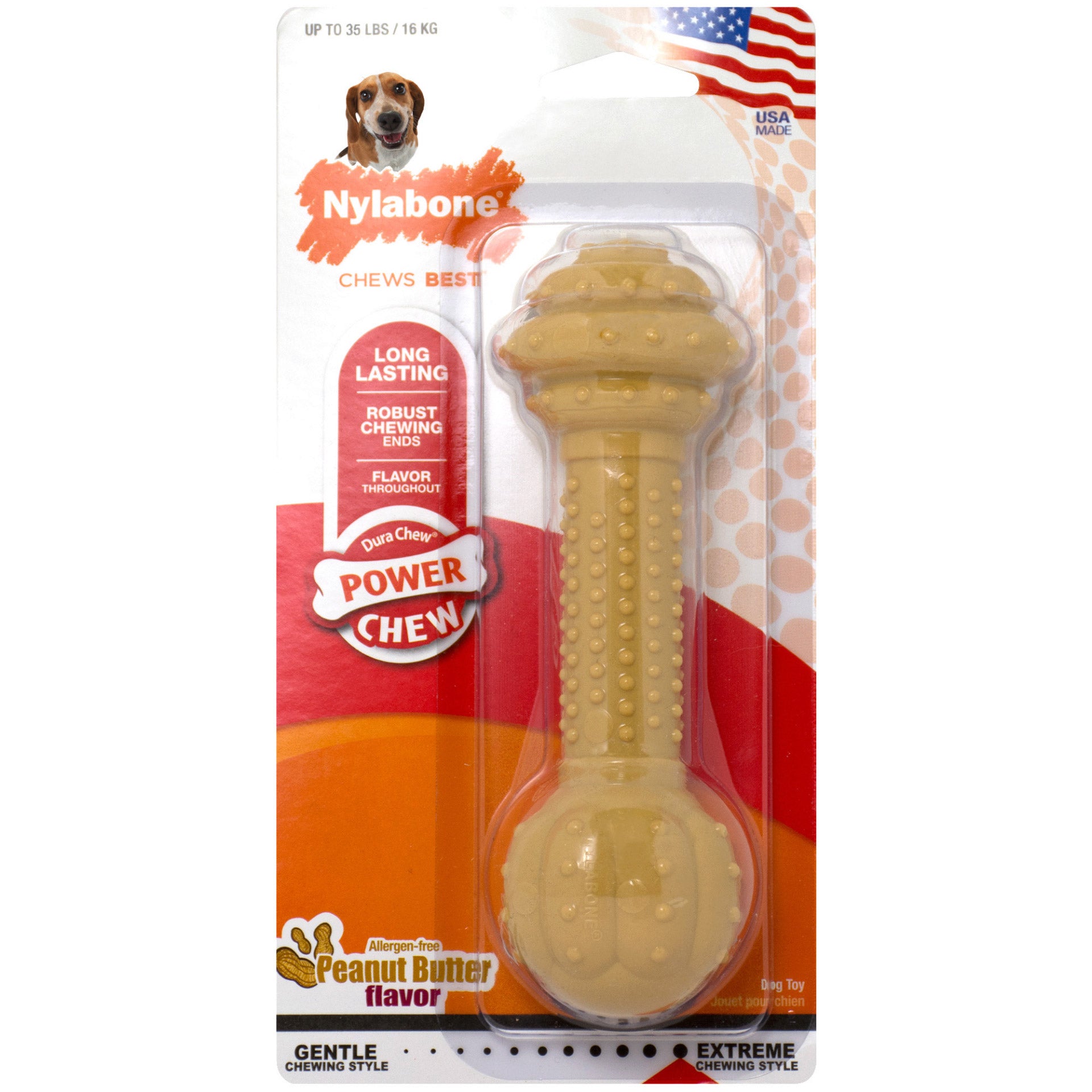 Nylabone Power Chew Barbell Peanut Butter Dog Toy Medium/Large For Pet With Love