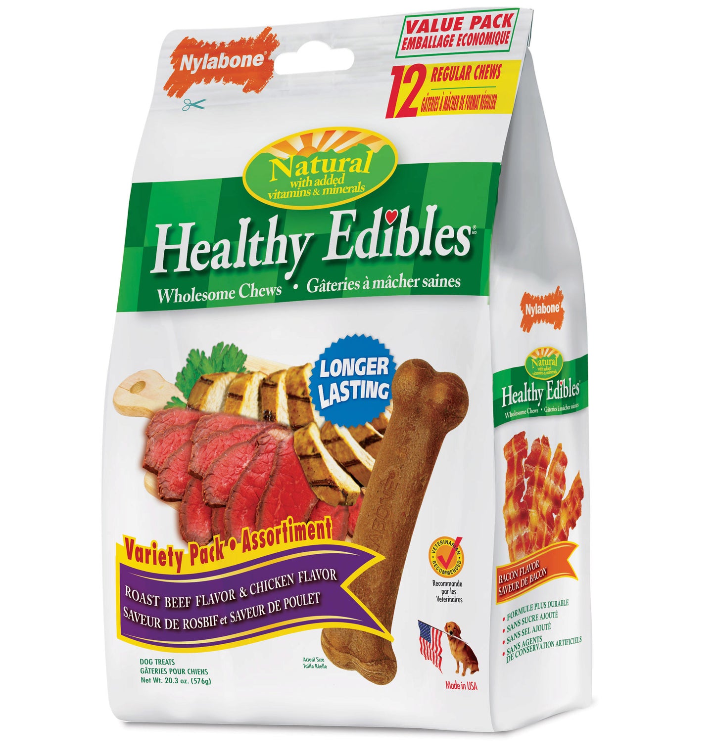 Nylabone Healthy Edibles Longer Lasting Roast Beef and Chicken Treats Regular 12 count For Pet With Love