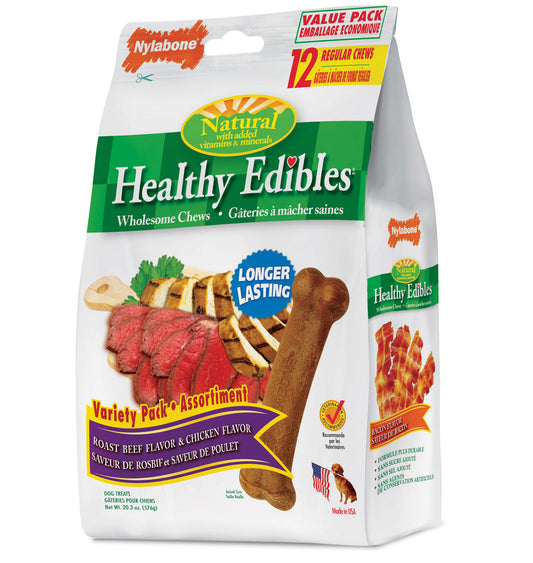 Nylabone Healthy Edibles Longer Lasting Roast Beef and Chicken Treats Regular 12 count For Pet With Love