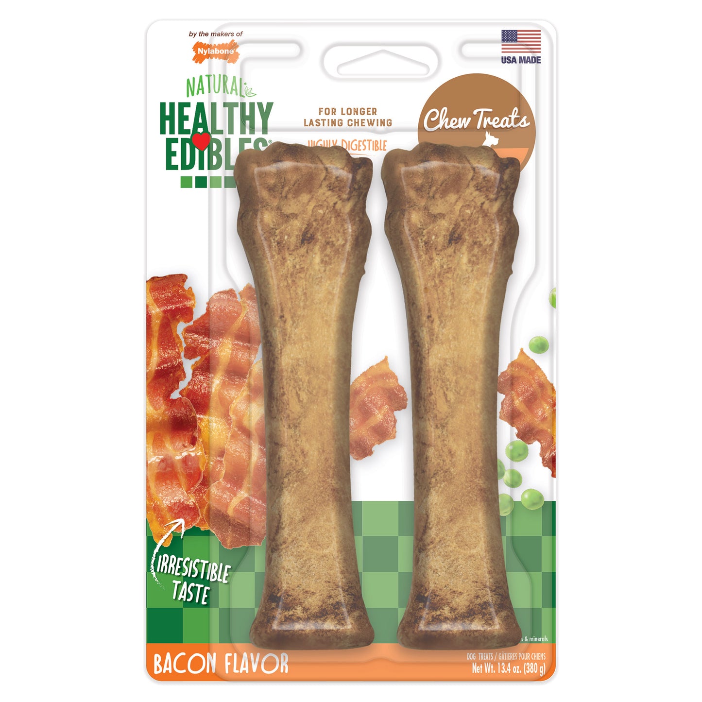 Nylabone Healthy Edibles Longer Lasting Bacon Treats Sourper 2 count For Pet With Love