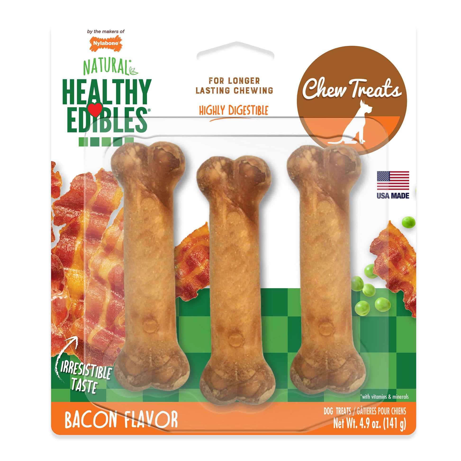 Nylabone Healthy Edibles Longer Lasting Bacon Treats Regular 3 count For Pet With Love