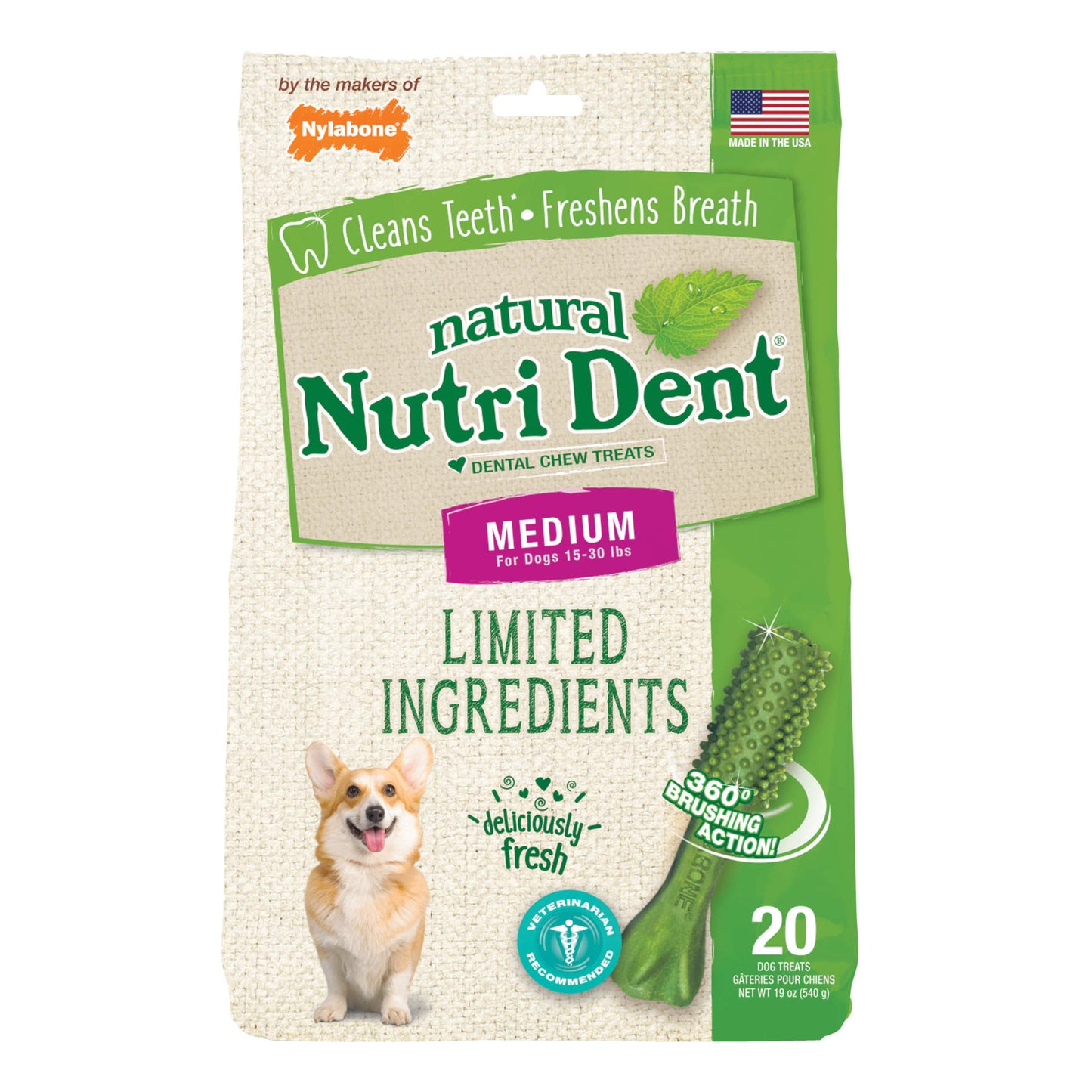 Nylabone Nutri Dent Limited Ingredient Dental Chews Fresh Breath Medium 20 count For Pet With Love
