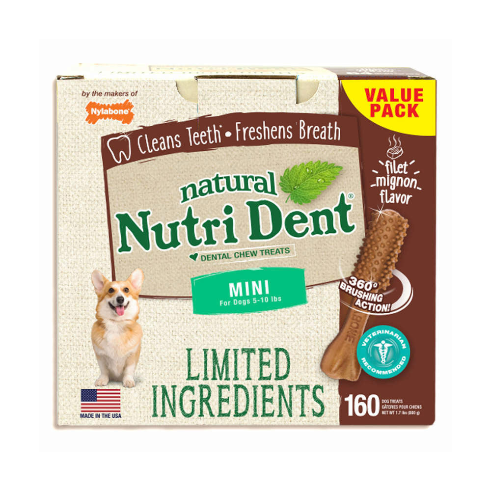 Nylabone Nutri Dent Limited Ingredient Dental Chews Filet Mignon Mini 160 count For Pet With Love