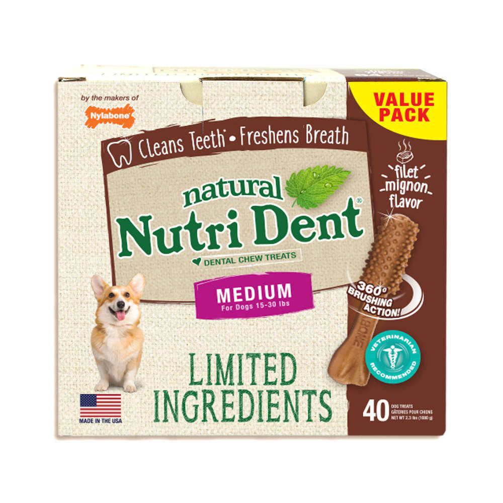 Nylabone Nutri Dent Limited Ingredient Dental Chews Filet Mignon Medium 40 count For Pet With Love