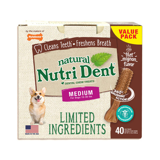 Nylabone Nutri Dent Limited Ingredient Dental Chews Filet Mignon Medium 40 count For Pet With Love