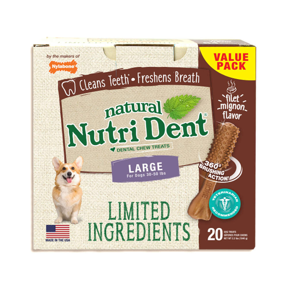 Nylabone Nutri Dent Limited Ingredient Dental Chews Filet Mignon Large 20 count For Pet With Love
