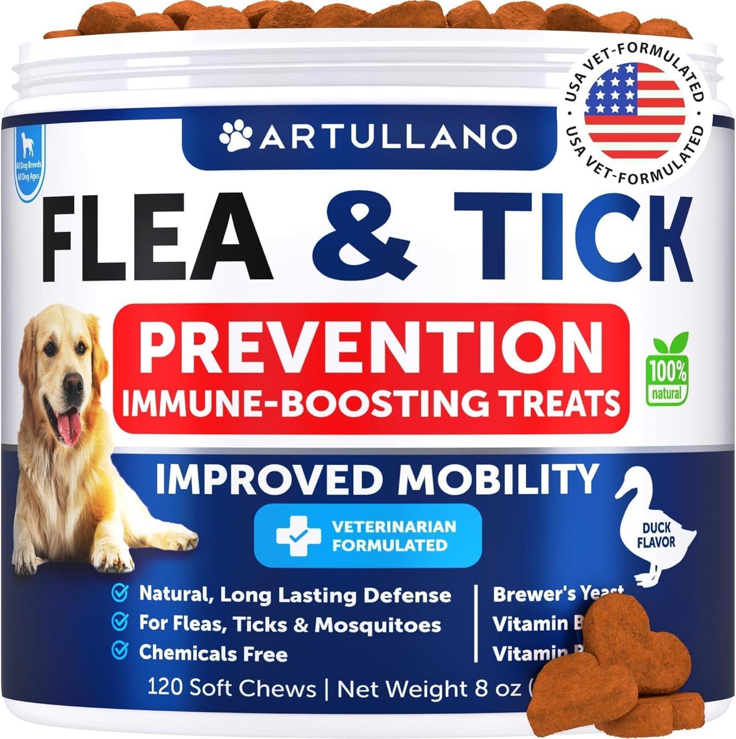 Artullano Natural Flea and Tick Prevention Supplement with Vitamins.  Immune Support for Dogs. 120 Chews. Duck Flavor. Made in USA. For Pet With Love