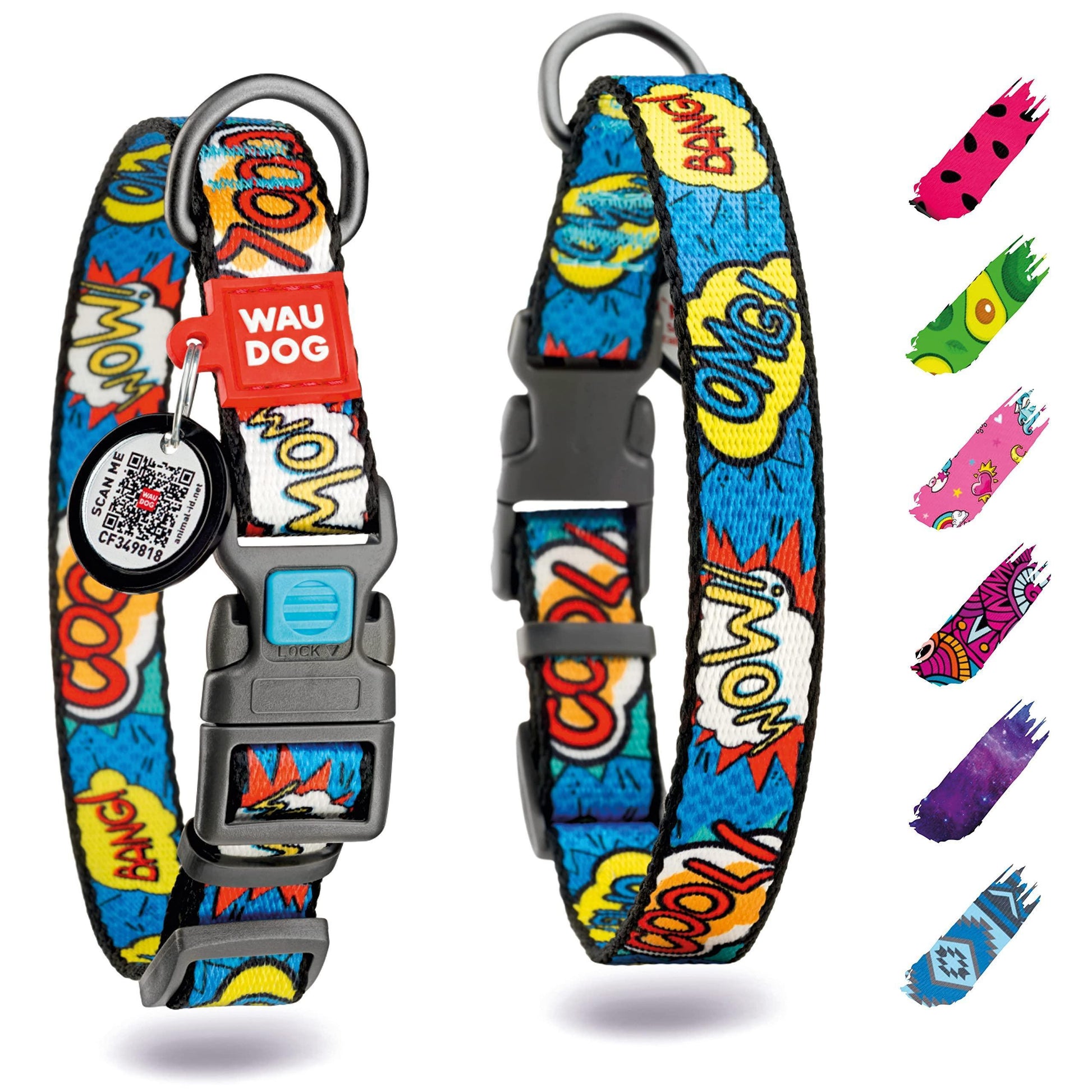 WAUDOG Adjustable Nylon Dog Collar with Durable Plastic Buckle and QR Dog Tag. LARGE (WOW! Print) For Pet With Love