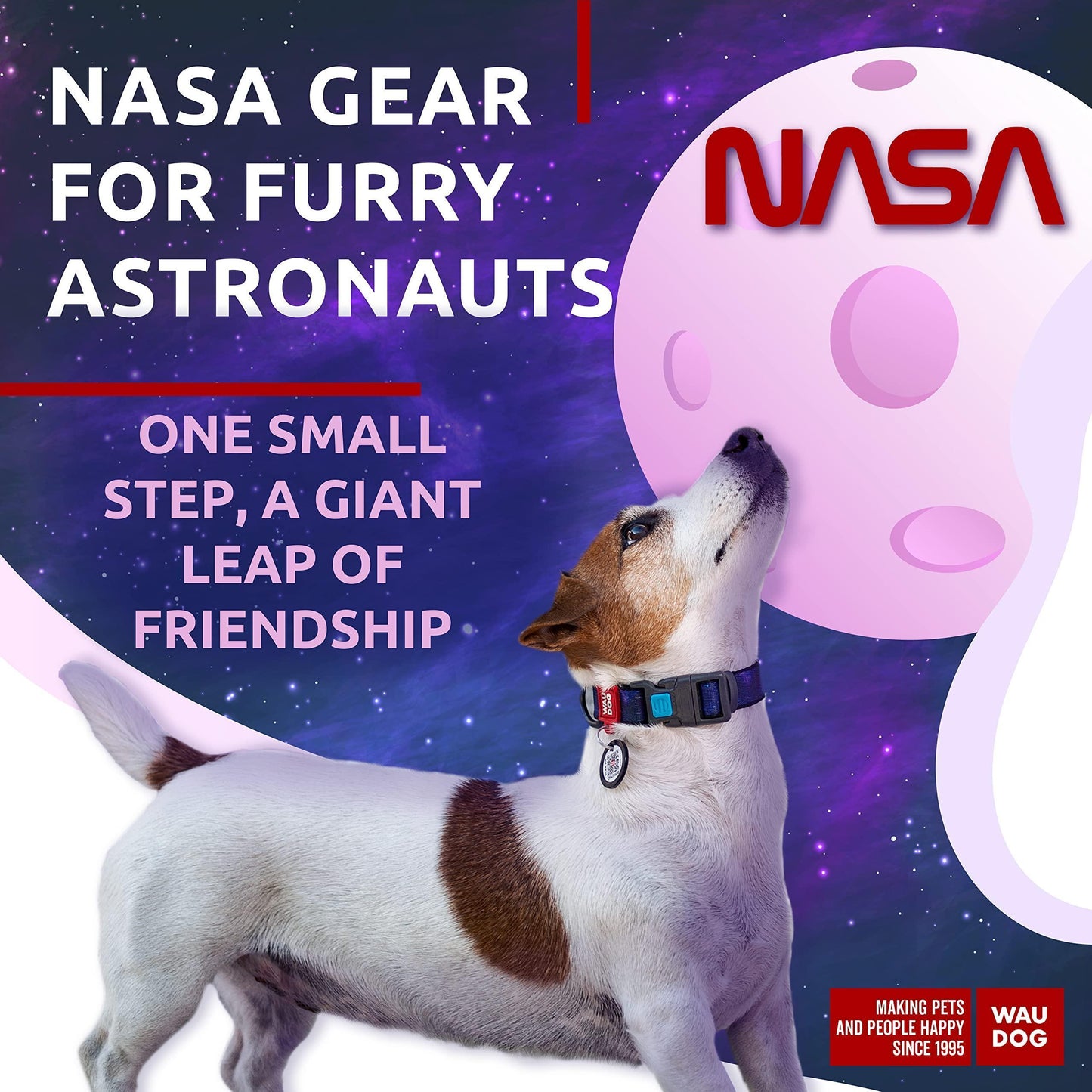 WAUDOG Adjustable Nylon Dog Collar with Durable Plastic Buckle and QR Dog Tag. SMALL (NASA-2 Print) For Pet With Love
