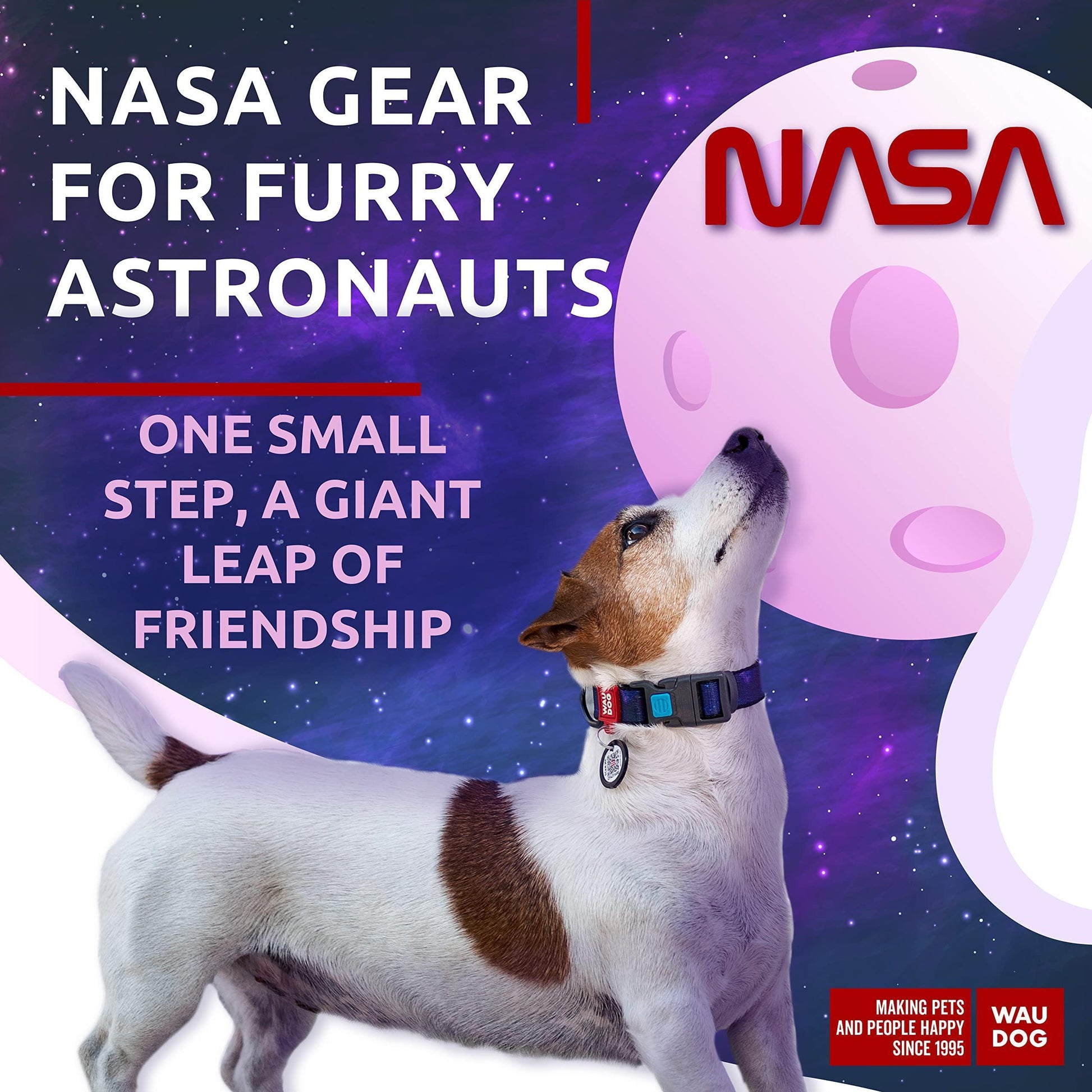 WAUDOG Adjustable Nylon Dog Collar with Durable Plastic Buckle and QR Dog Tag. SMALL (NASA-2 Print) For Pet With Love