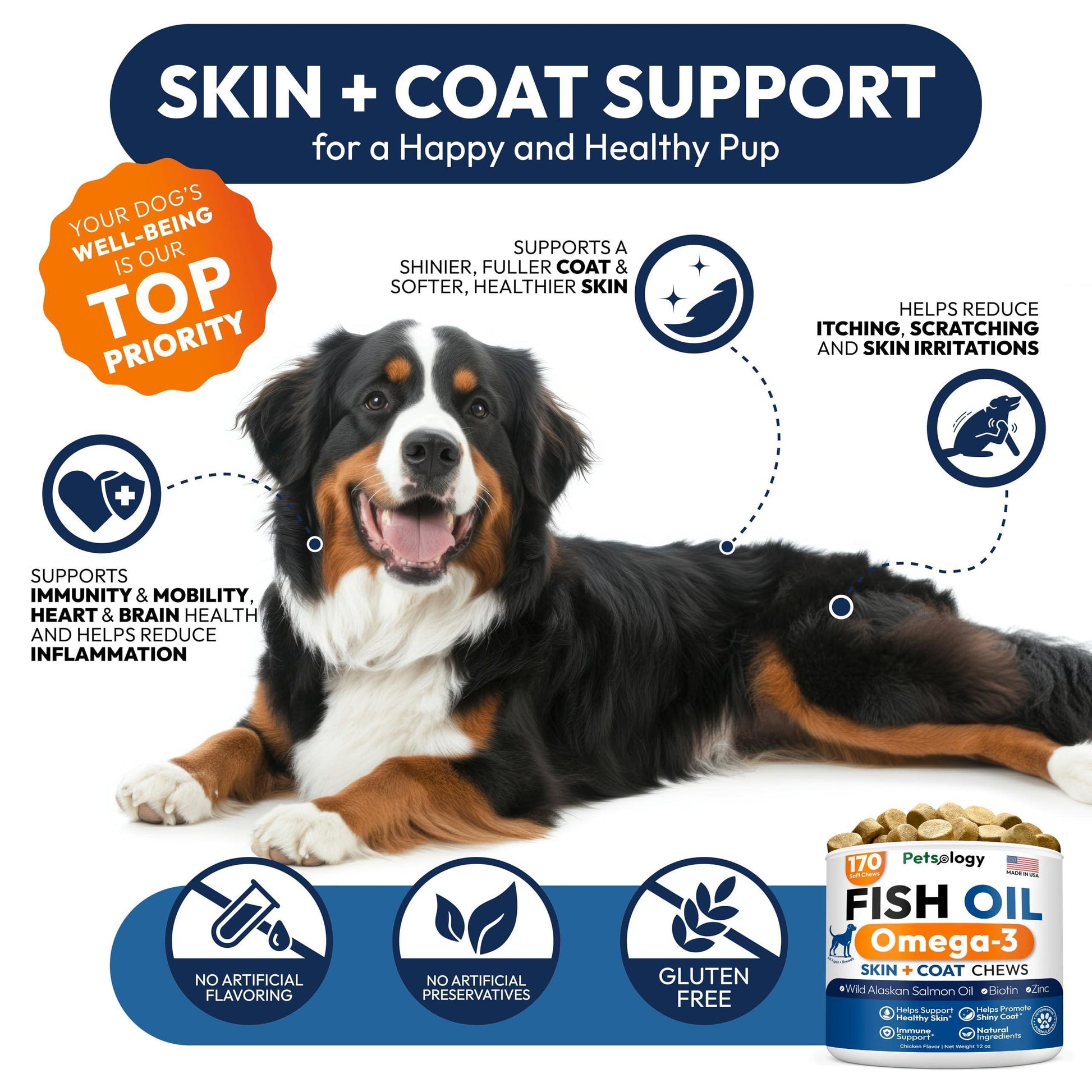PETSOLOGY Omega 3 Fish Oil Skin & Coat Supplement for Dogs 170 Chews For Pet With Love