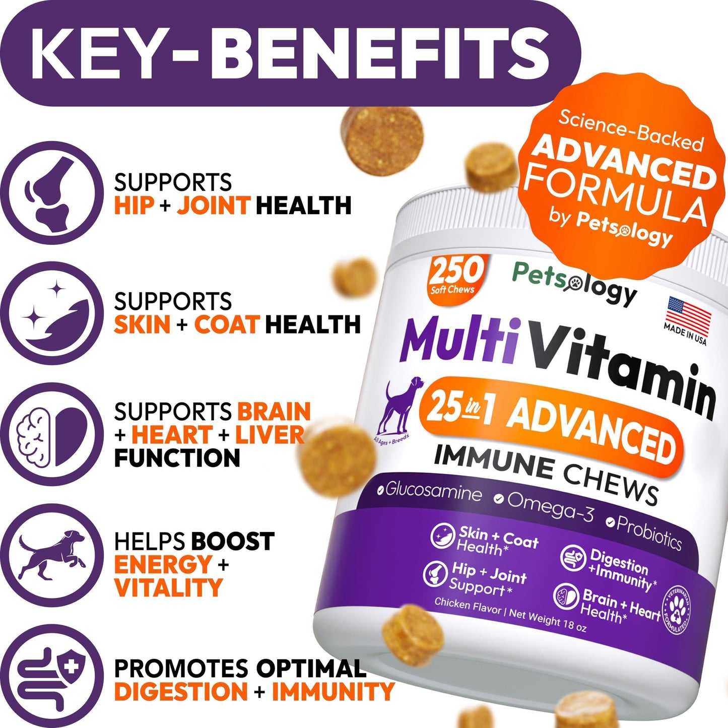 PETSOLOGY Chewable Multivitamin Pet Supplement. Hip & Joint, Pet Immune Support, Skin & Coat, Gut & Heart Health. 250 Chews