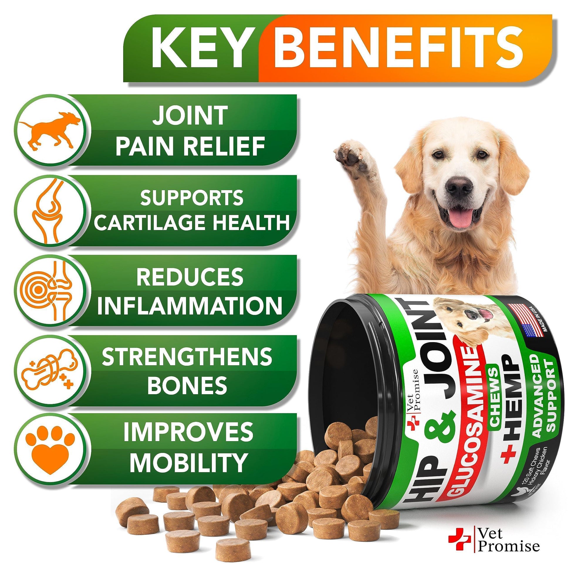 Vet Promise Glucosamine  Hemp Hip and Joint Support Supplement for Dogs 120 Chews For Pet With Love