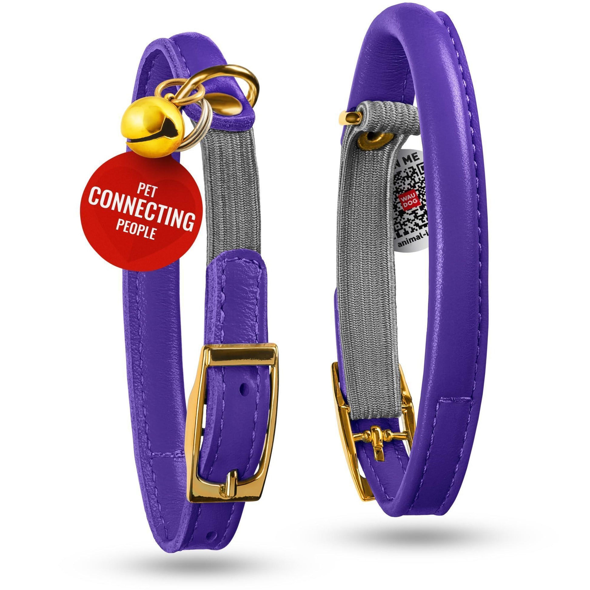 WAUDOG Ultra Soft Rolled Leather Cat Collar with Removable Bell Safety Elastic Strap and QR ID Tag. Purple. (Medium) For Pet With Love