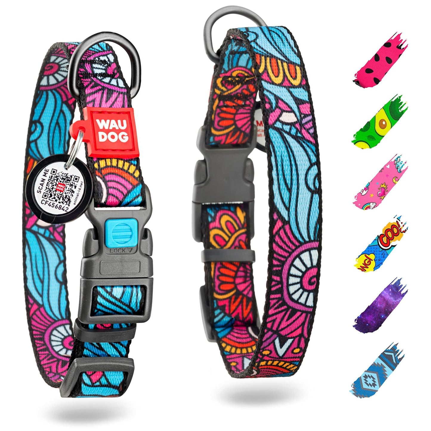 WAUDOG Nylon Adjustable Dog Collar with Durable Plastic Buckle and QR Dog Tag SUMMER LARGE For Pet With Love
