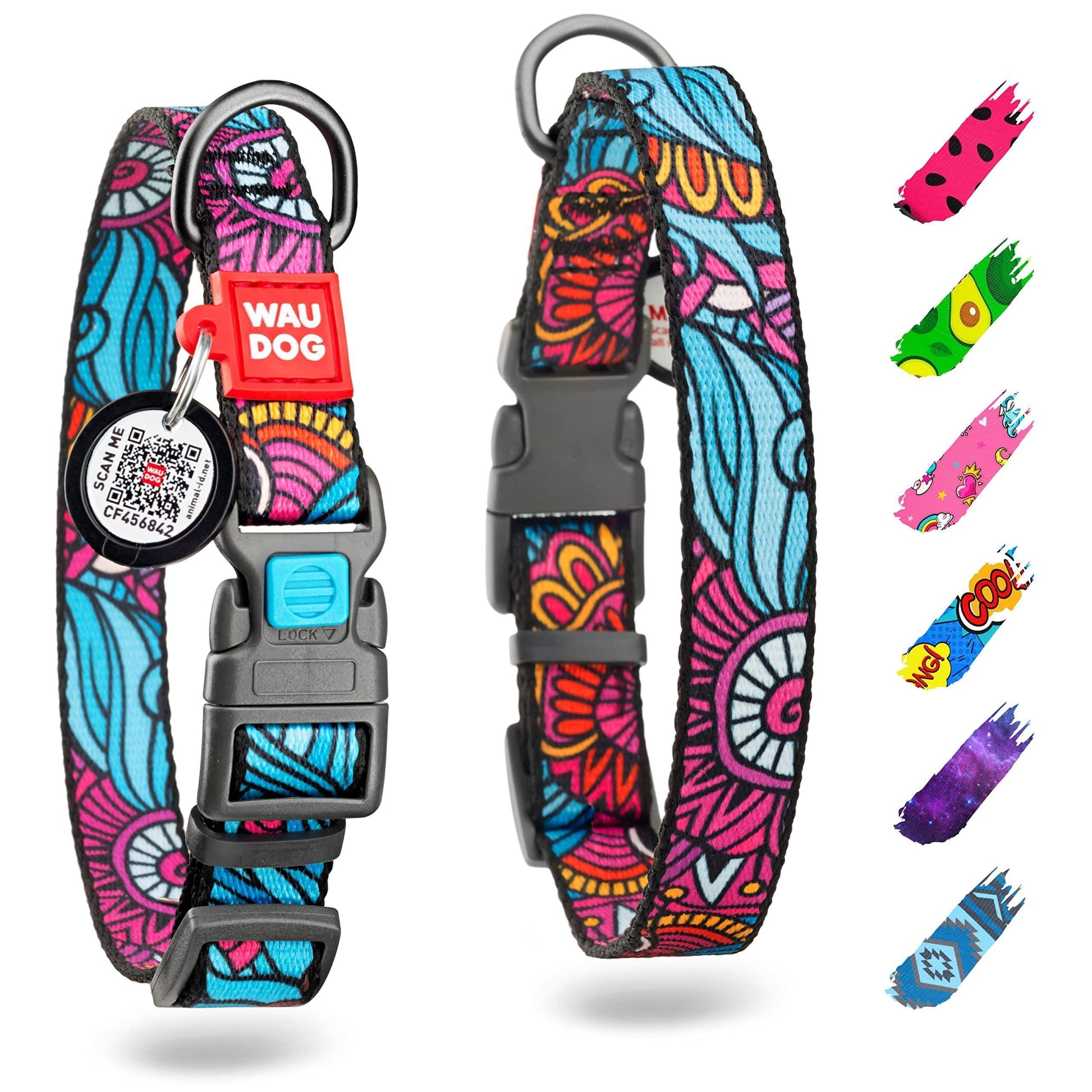 WAUDOG Nylon Adjustable Dog Collar with Durable Plastic Buckle and QR Dog Tag SUMMER LARGE For Pet With Love