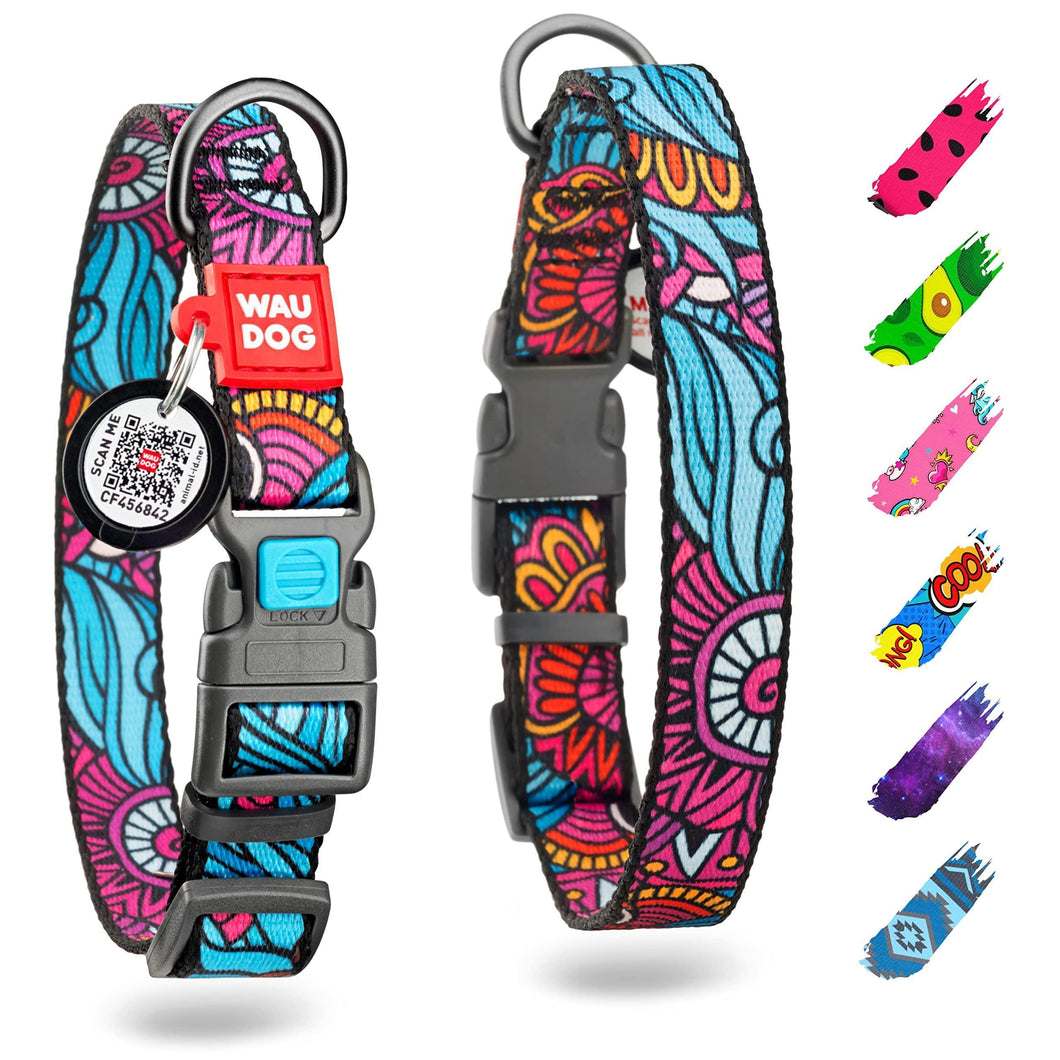 WAUDOG Nylon Adjustable Dog Collar with Durable Plastic Buckle and QR Dog Tag SUMMER LARGE