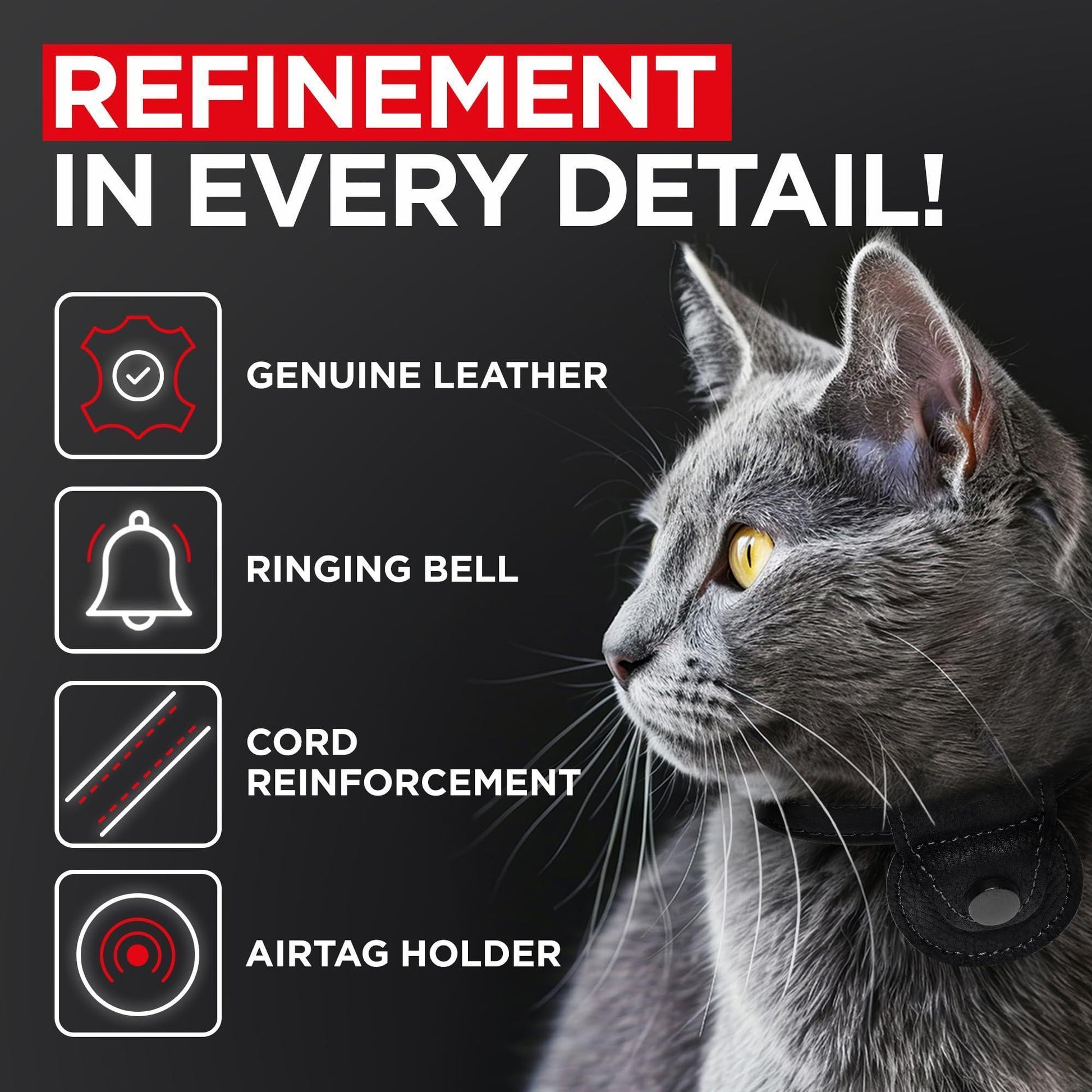 WAUDOG Leather Adjustable  Cat Collar with Airtag Holder and Removable Bell (Black. Medium) For Pet With Love