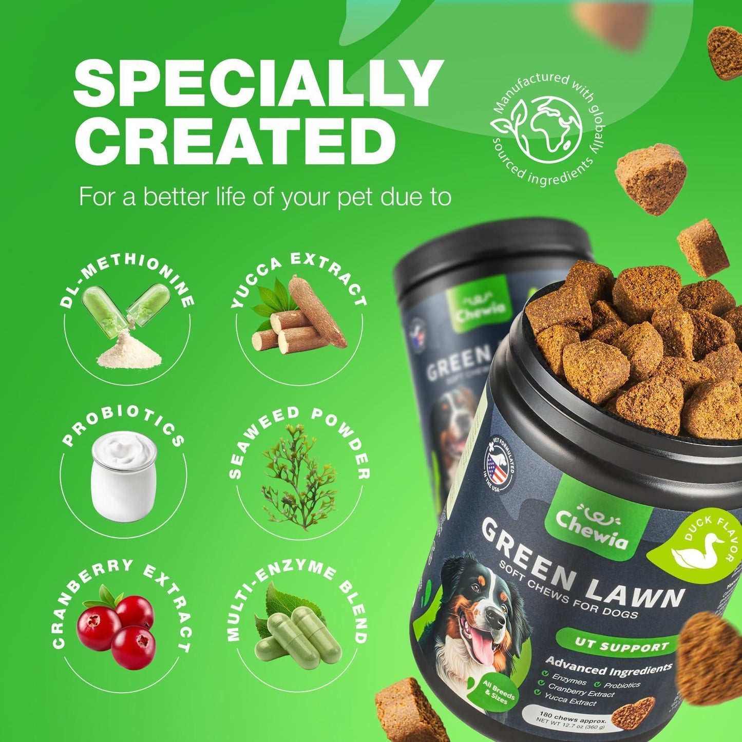 CHEWIA Grass Spot Probiotic Multivitamins Enzymes for Dogs. Vitality & UTI & Digective Support, Urine Neutralizer. 180 Chews. Duck Flavor. For Pet With Love