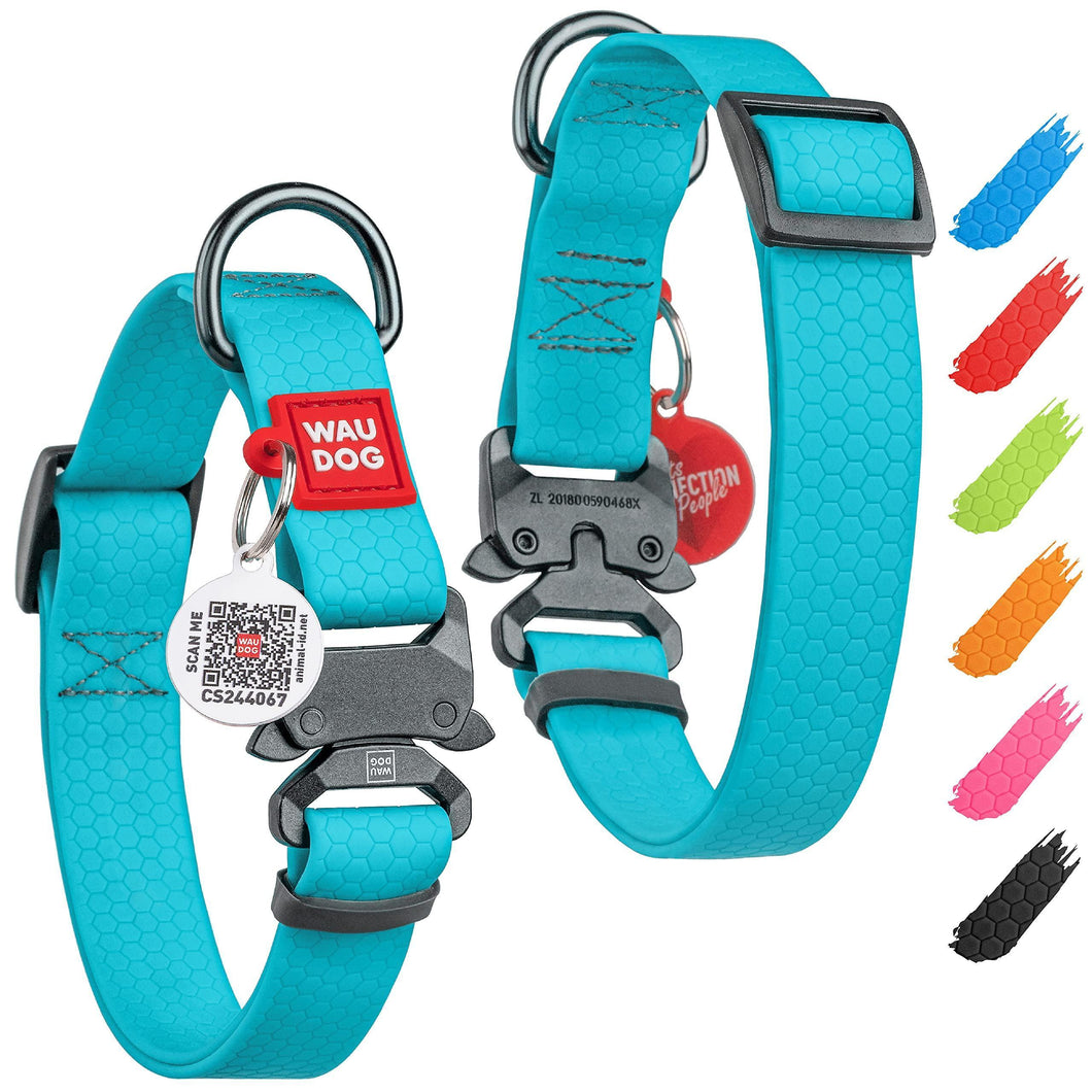 WAUDOG Adjustable Waterproof Glow in The Dark Dog Collar with Durable Metal Clasp and QR Dog Tag AQUA SMALL