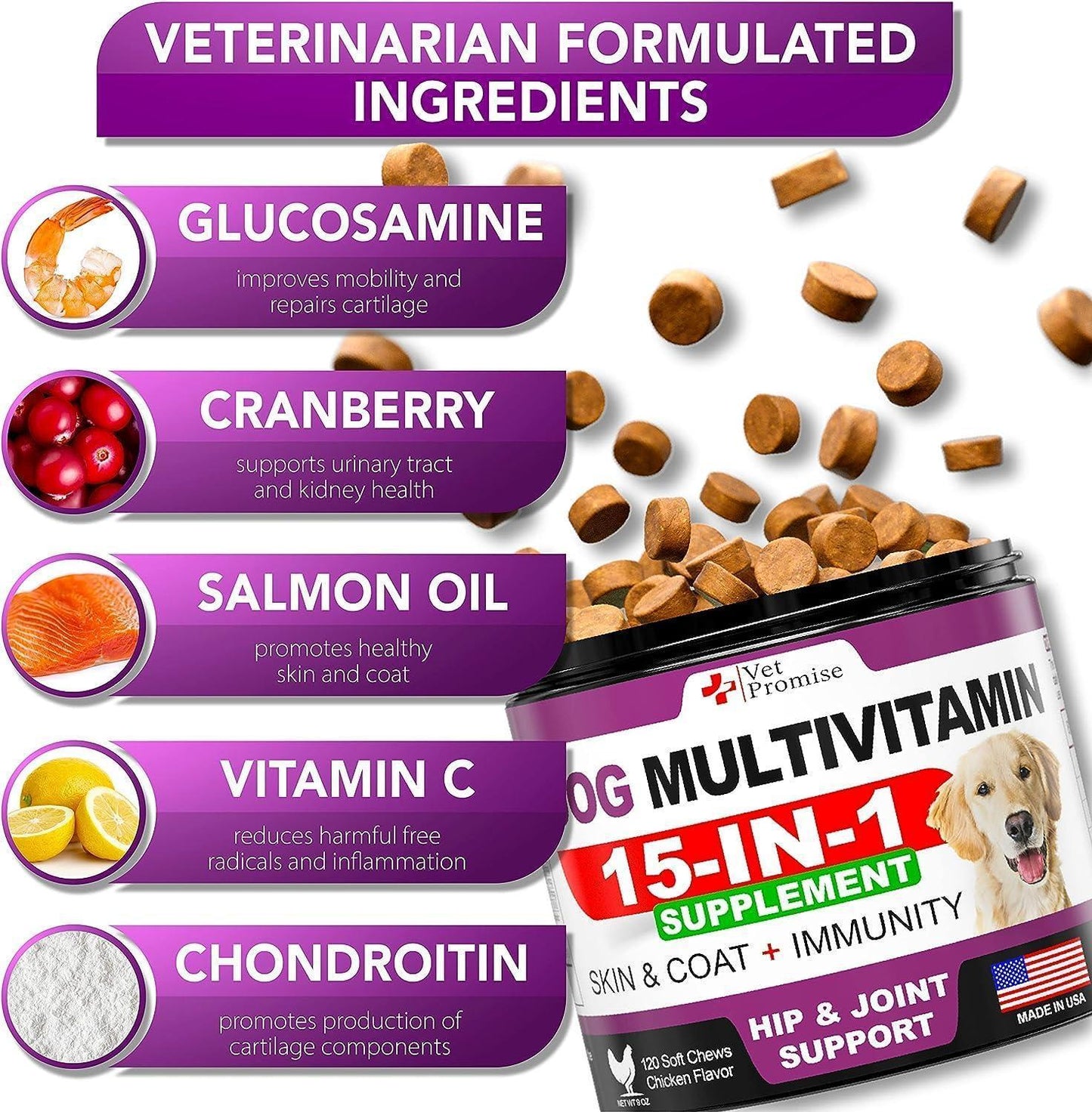 Vet Promise Dog Multivitamin Chewable Supplements with Glucosamine 240 Chews For Pet With Love