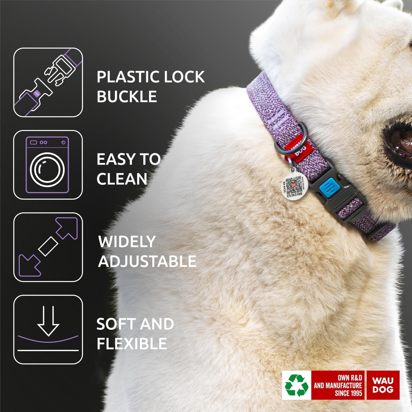 WAUDOG Eco Friendly Reflective Cotton Dog Collar PURPLE LARGE For Pet With Love
