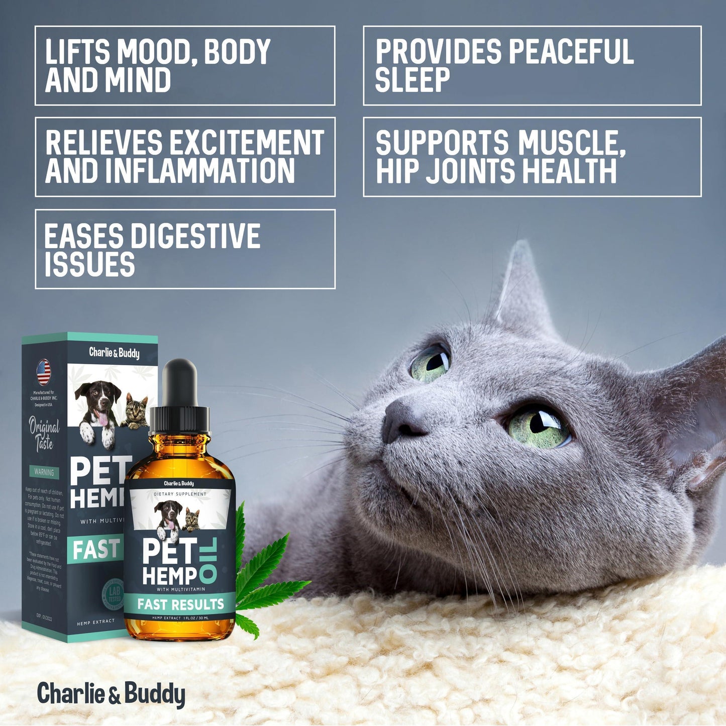 Charlie & Buddy Hemp Oil for Dogs and Cats Helps Pets with Anxiety, Pain, Stress, Sleep, Arthritis, Seizures Relief, Joint Health, Calming For Pet With Love