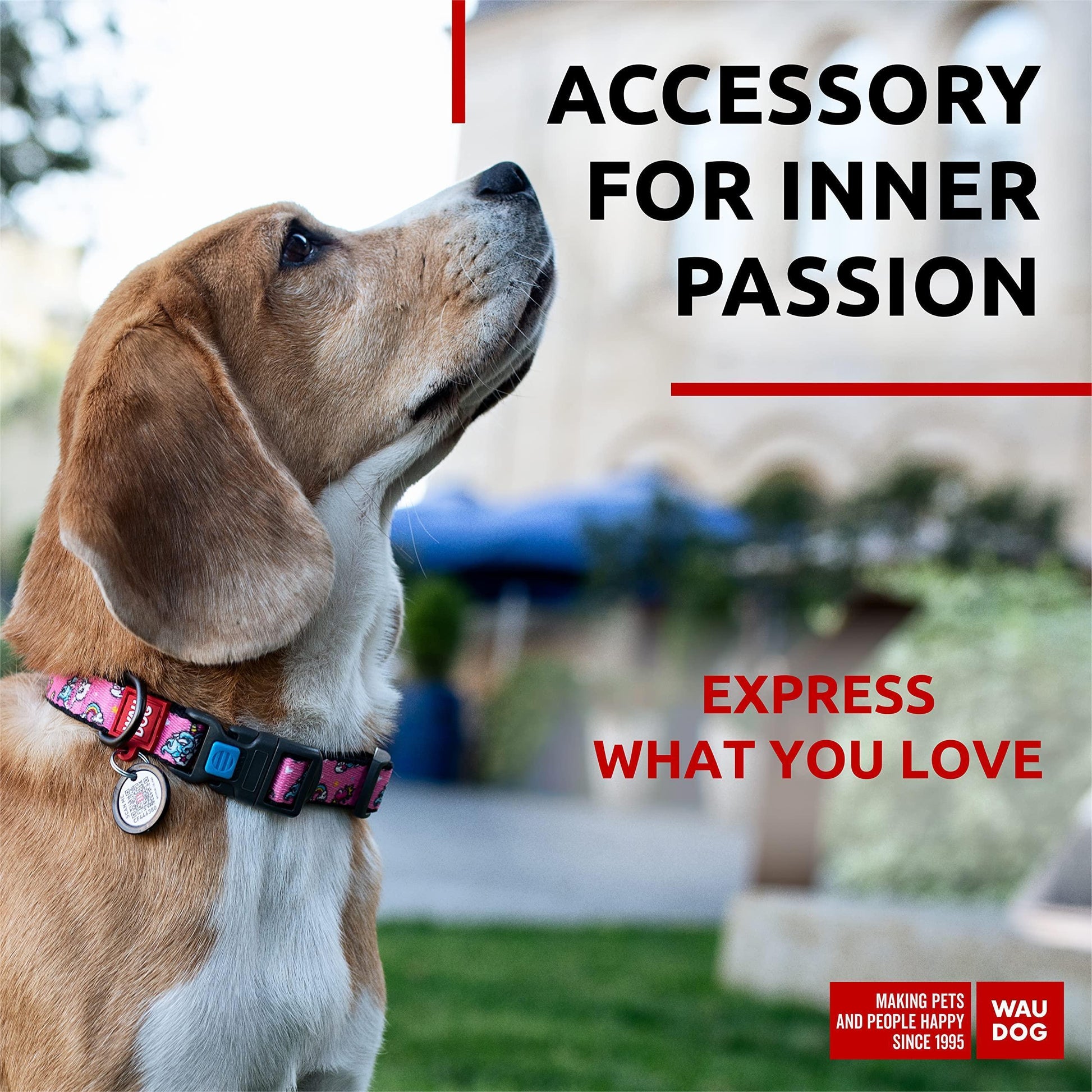 WAUDOG Adjustable Nylon Dog Collar with Durable Plastic Buckle and QR Dog Tag. UNICORNS. MEDIUM For Pet With Love