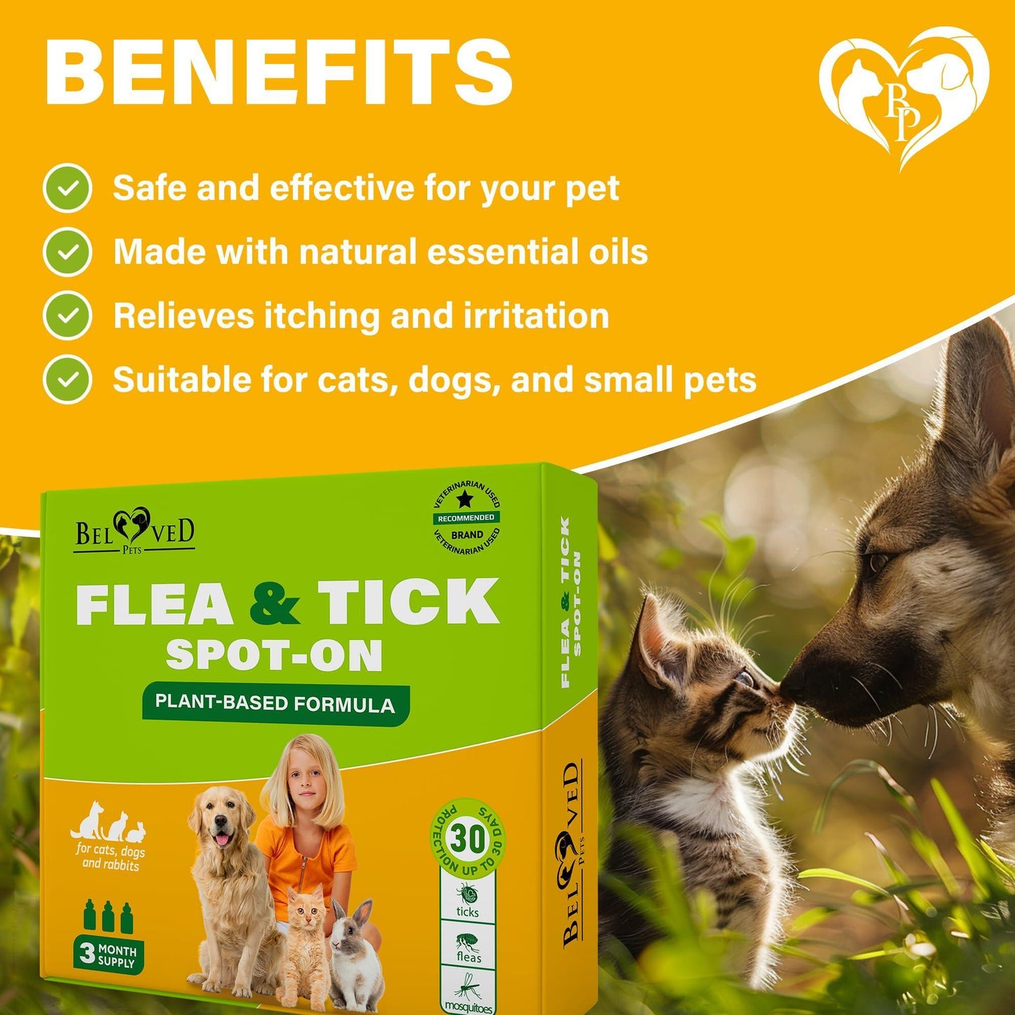 Beloved Pets Natural Flea and Tick Prevention for Dogs, Cats & Rabbits. Topical Flea & Mosquito Repellent. 3 Months Supply For Pet With Love