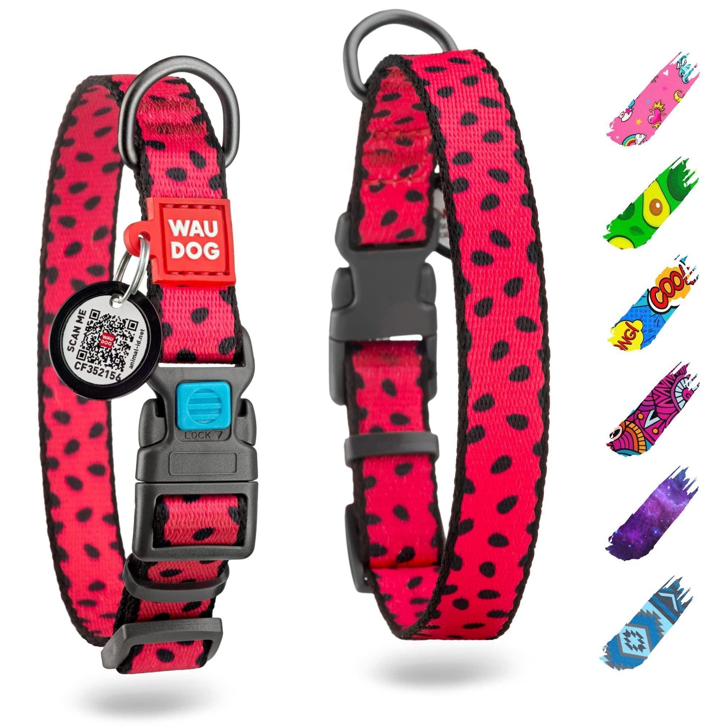 WAUDOG Nylon Adjustable Dog Collar with Durable Plastic Buckle and QR Dog Tag WATERMELON XL For Pet With Love