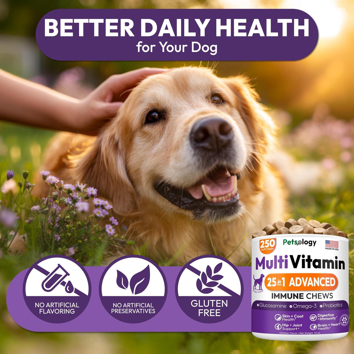 PETSOLOGY Chewable Multivitamin Pet Supplement. Hip & Joint, Pet Immune Support, Skin & Coat, Gut & Heart Health. 250 Chews