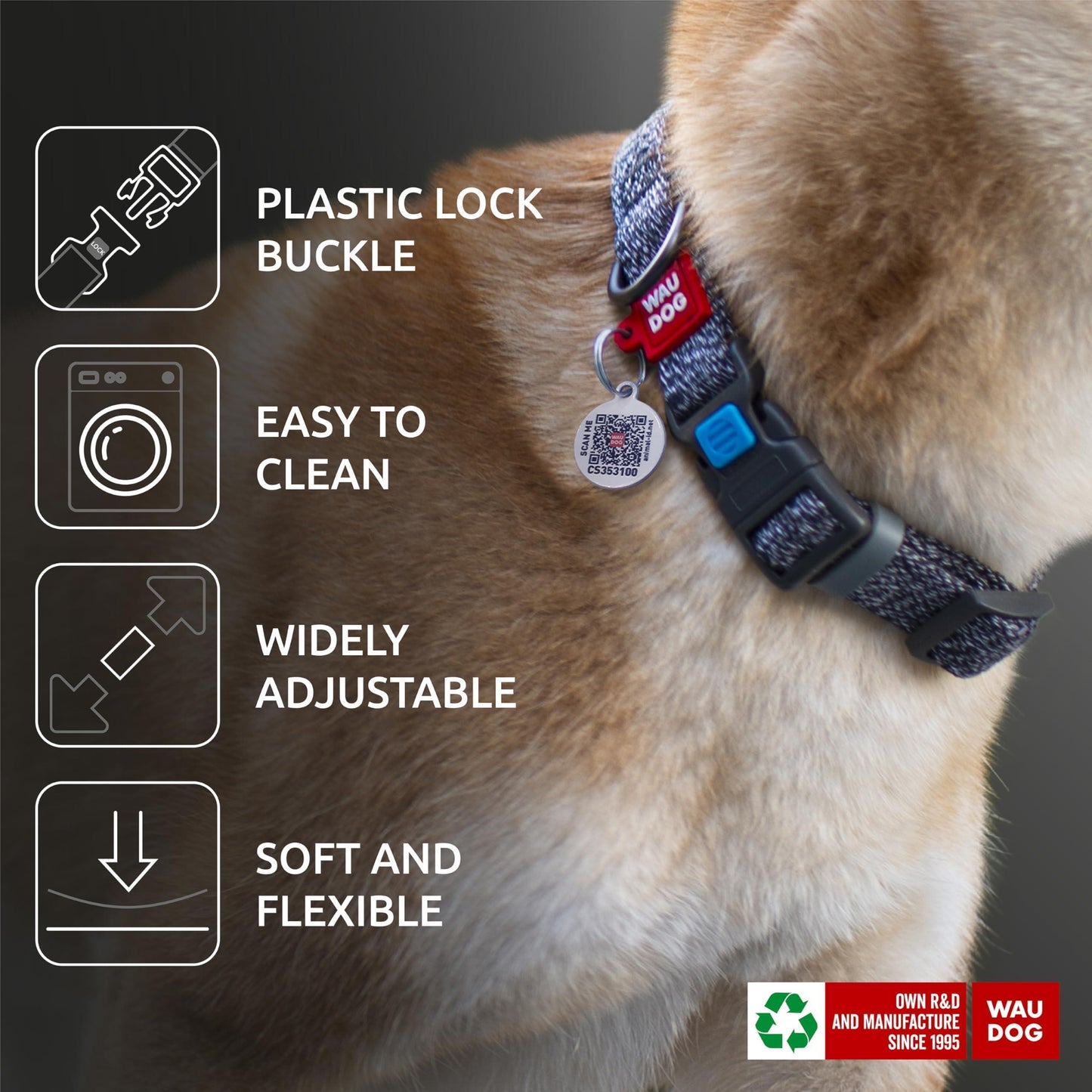 WAUDOG Reflective Cotton Dog Collar with QR ID Tag. Adjustable Eco Friendly Alternative to Nylon Collar. MEDIUM. Gray. For Pet With Love