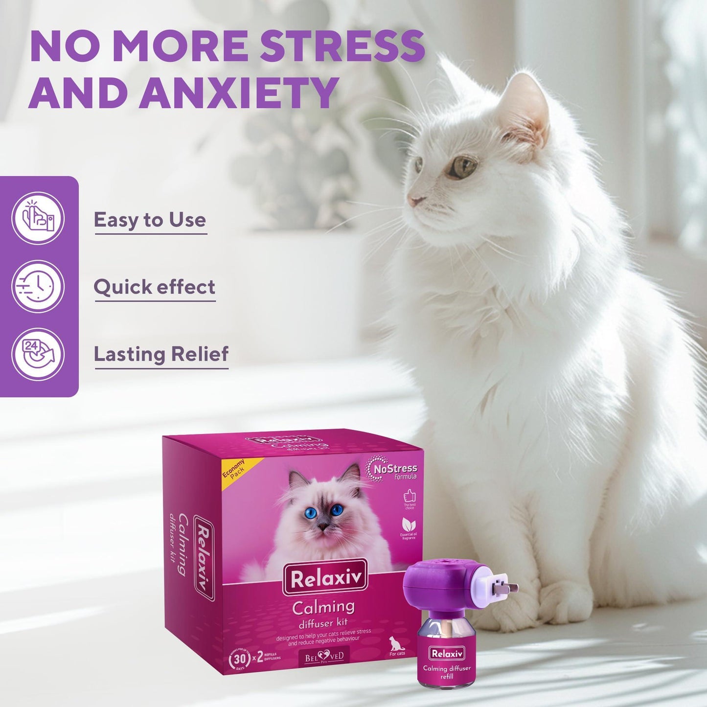 Beloved Pets RELAXIV Cat Calming Diffuser & Anti Anxiety Support. Feline Calm Pheromones Plug in Stress Relief Comfort. 2 Pack (2 Diffusers + 2 Refills) For Pet With Love