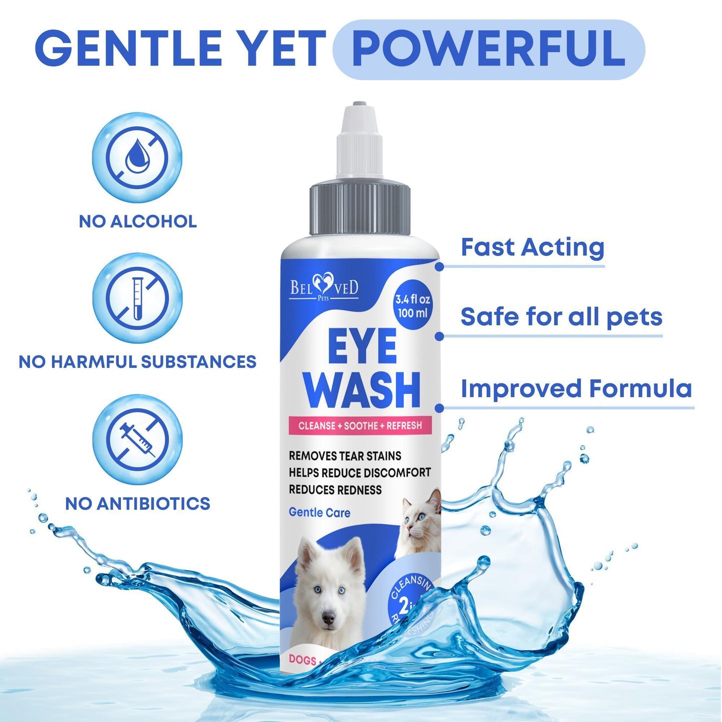 Beloved Pets Cat & Dog Eye Wash Drops & Tear Stain Remover 3.4 Oz For Pet With Love