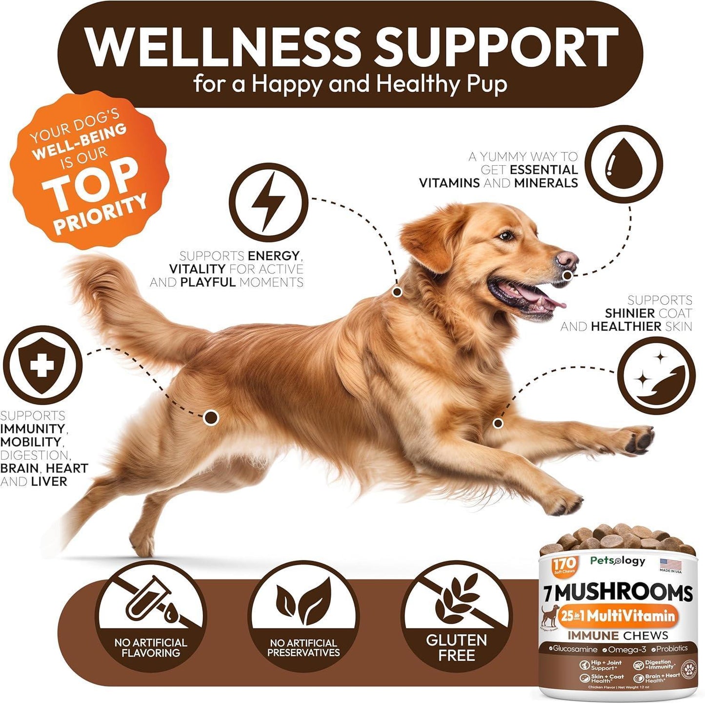 PETSOLOGY Turkey Tail Mushroom and Multivitamin Supplement for Dogs with Glucosamine. 2Pack. 340 Chews. For Pet With Love