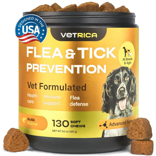 VETRICA Flea and Tick Prevention Treatment Immune Support for Dogs. All Breeds & Ages. Vet Formulated. (130 Soft Treats. Duck Flavor) For Pet With Love