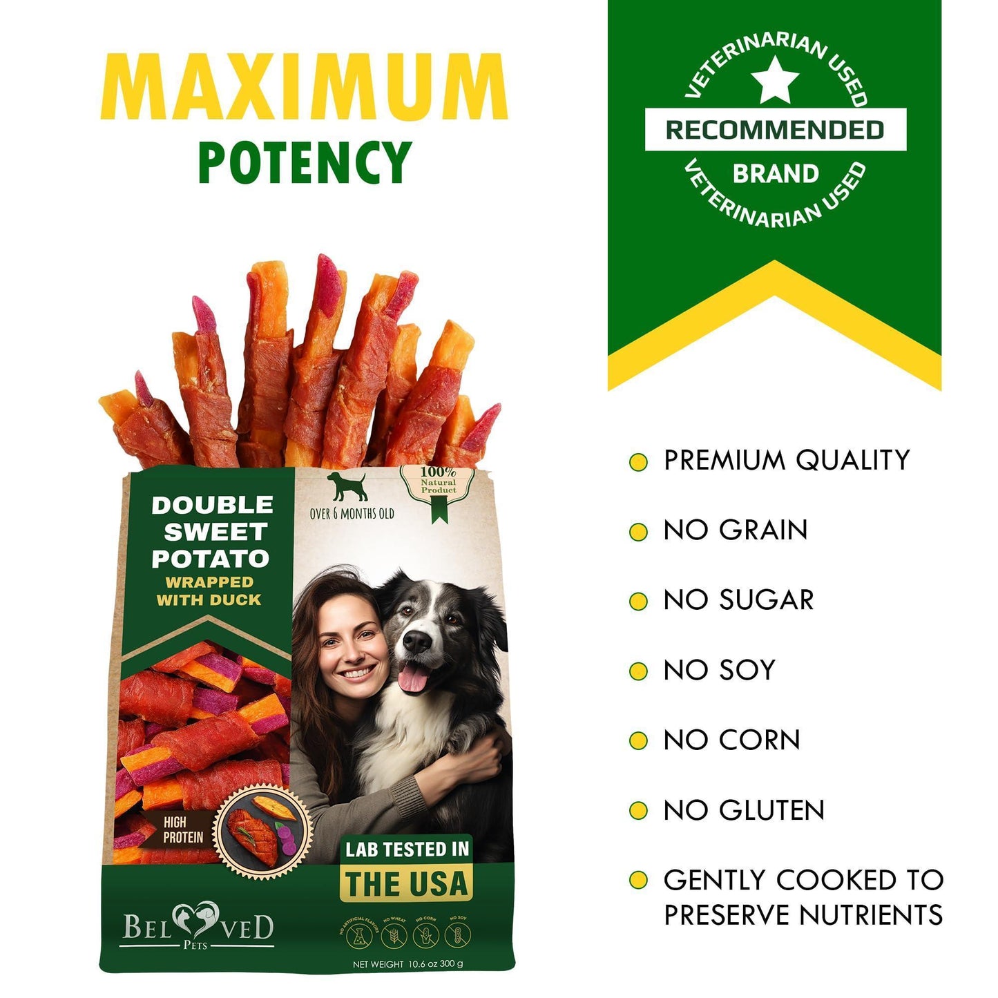 Beloved Pets Sweet Potato & Healthy Duck Chews. Natural Dog Food & Grain Free Rawhide Free Training Jerky Wraps. 10.6 Oz For Pet With Love